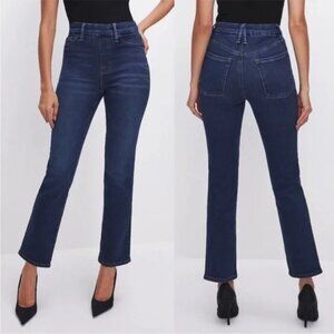 GOOD AMERICAN POWER STRETCH PULL-ON STRAIGHT JEANS CROPPED DARK WASH DENIM sz L